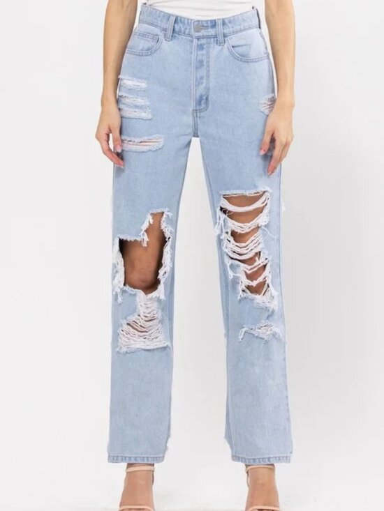 Cello Denim - Cello Destroyed 90's High Rise Straight Leg Jeans Size 7 Waist 29"